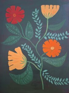 Bloemen Afmetingen: breedte = 60cm, lengte =  80cm, diepte =  2cm Doek gemaakt van plastiek flessen"