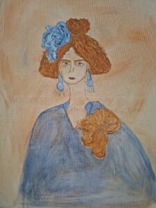 Vrouw in blauw Afmetingen:  breedte = 55cm, lengte =  75cm,  diepte =  2cm"